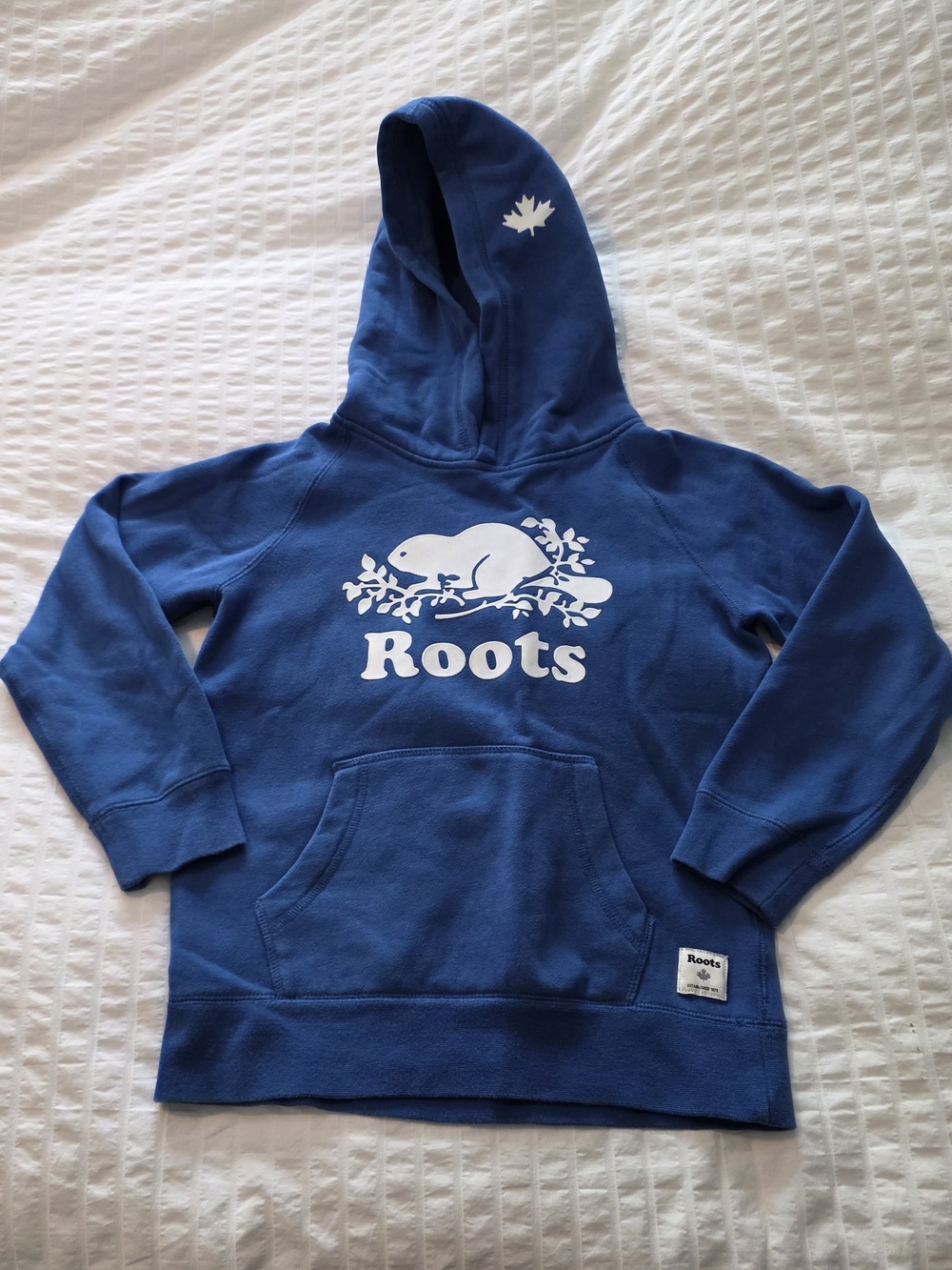 Roots Kids Blue Hoodie with White Beaver Logo Size 8